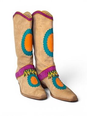 Vintage Biondini Beige Leather Embellished Boots with Turquoise & Orange Accents